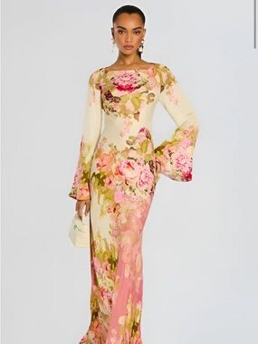 Floral Boatneck Maxi Dress in Cream and Pink